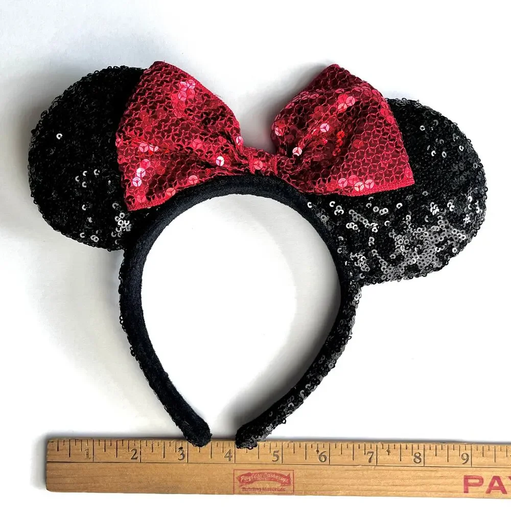 Disney Parks Minnie Mouse Black Ears Red Bow Sequins Headband Sparkly Dressup